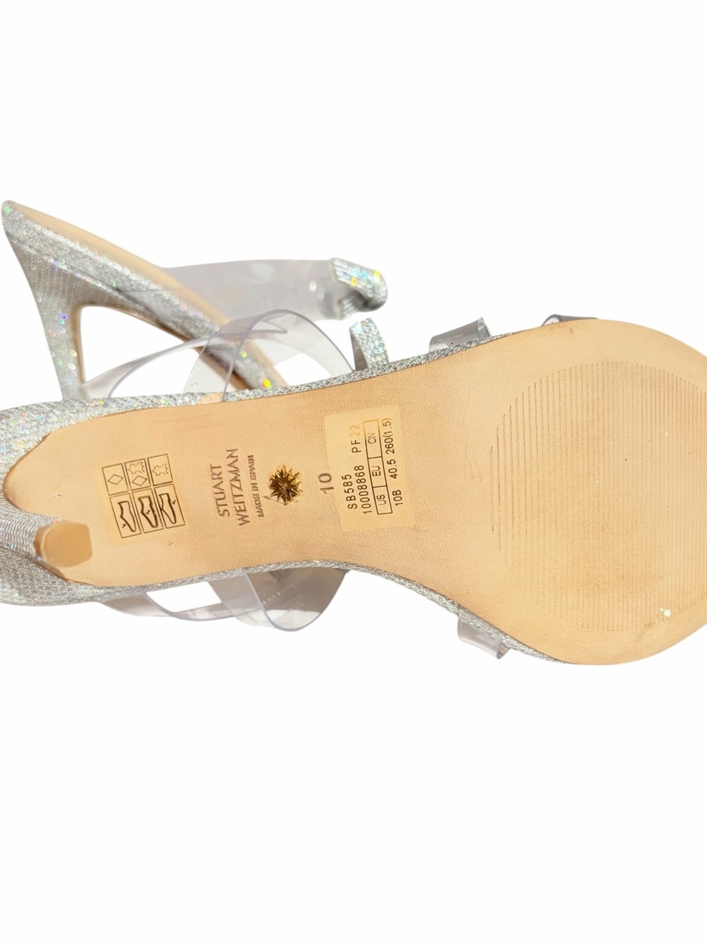 Stuart Weitzman Silver Rhinestone Bow Slide High Heels. New in Box - Picture 6 of 6